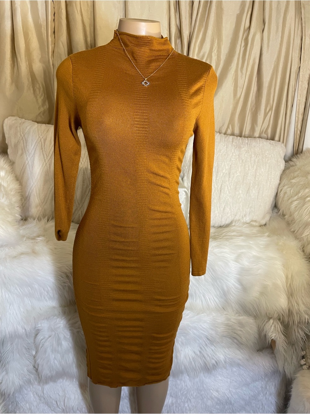 Mock Neck Long Sleeve Bodycon Dress in Mustard Brown medium
